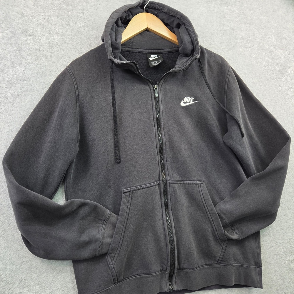 Nike Urban Retro Sportswear Club Fleece Hoodie Full Zip Mens M Black Distressed